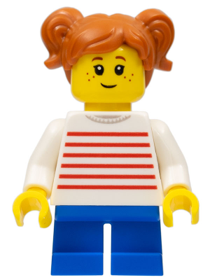 Girl with Dark Orange Two Pigtails Hair, White Sweater with Red Horizontal Stripes, Blue Short Legs – ГРАДСКИ