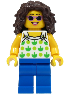 Beach Tourist - Female, White Halter Top with Green Apples and Lime Spots, Blue Legs, Dark Brown Long Tousled Hair, Sunglasses – ГРАДСКИ