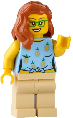 Land Rover Classic Defender Driver - Female, Bright Light Blue Knotted Top with Pineapples, Tan Legs, Dark Orange Hair, Green Glasses – ГРАДСКИ