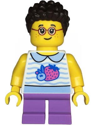 Child - Girl, White Collared Shirt with Fruit, Medium Lavender Short Legs, Dark Brown Short Coiled Hair, Glasses, Freckles – ГРАДСКИ