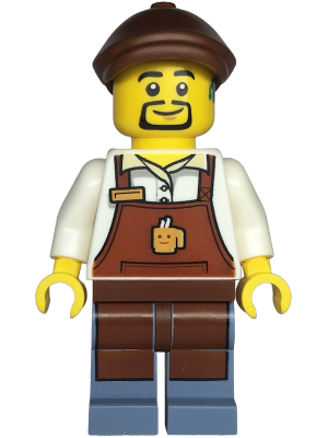 Barista - Male, Reddish Brown Apron with Cup and Name Tag, Sand Blue Legs, Reddish Brown Flat Cap, Hearing Aid – ГРАДСКИ