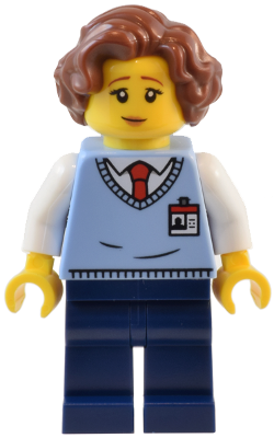 Natural History Museum Employee - Female, Bright Light Blue Sweater Vest with ID Badge, Dark Blue Legs, Reddish Brown Hair – ГРАДСКИ