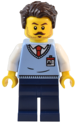 Natural History Museum Employee - Male, Bright Light Blue Sweater Vest with ID Badge, Dark Blue Legs, Dark Brown Tousled Hair – ГРАДСКИ