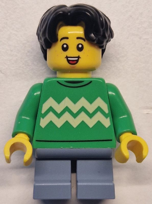 Child - Boy, Bright Green Sweater with Bright Light Yellow Zigzag Lines, Sand Blue Short Legs, Black Hair Wavy, Freckles – ГРАДСКИ