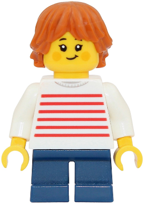 Child - Girl, White Sweater with Red Horizontal Stripes, Dark Blue Short Legs, Dark Orange Tousled and Layered Hair – ГРАДСКИ
